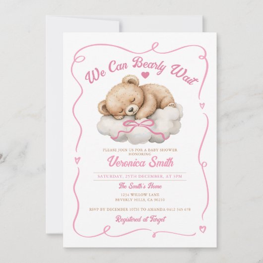 Invitation On peut attendre Pink Bow Bear Girl Baby shower (Devant)