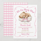 Invitation On peut attendre Pink Bow Bear Girl Baby shower (Devant / Derrière)