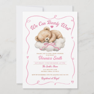 Invitation On peut attendre Pink Bow Bear Girl Baby shower