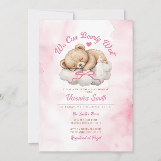 Invitation On peut attendre Pink Bow Bear Girl Baby shower (Devant)