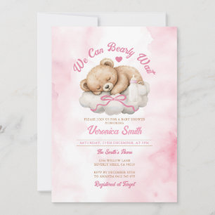 Invitation On peut attendre Pink Bow Bear Girl Baby shower