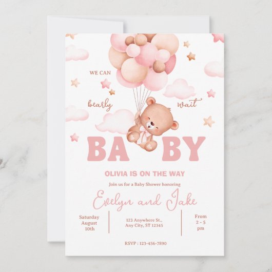 Invitation On peut attendre rose Teddy Bear Baby shower (Devant)