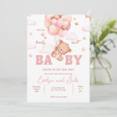Invitation On peut attendre rose Teddy Bear Baby shower (Debout devant)