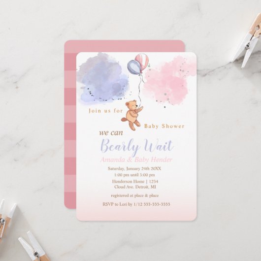 Invitation On Peut Attendre Teddy Bear Baby shower (Devant/Arrière en situation)