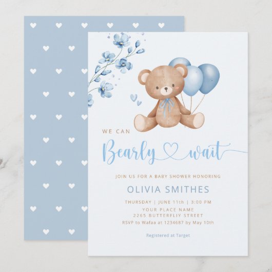 Invitation On Peut Attendre Teddy Bear Baby shower (Devant / Derrière)