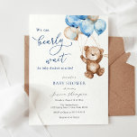 Invitation On Peut Attendre Teddy Bear Baby shower<br><div class="desc">On peut attendre ! Invitation au Baby shower sur le thème de l'ours en peluche à l'aquarelle qui vole haut avec des ballons bleus et marron. Customisez avec vos informations pour que la maman soit. Cliquez sur "cliquer pour customiser plus loin" pour modifier le style, la taille ou la couleur...</div>