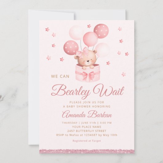 Invitation On peut attendre Teddy Bear Baby shower fille (Devant)