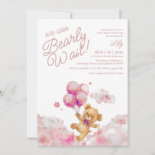 Invitation On peut attendre Teddy Bear Baby shower fille (Devant)