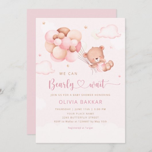 Invitation On peut attendre Teddy Bear Baby shower fille (Devant / Derrière)