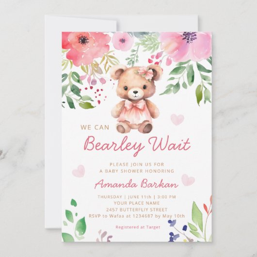Invitation On peut attendre Teddy Bear Baby shower fille (Devant)