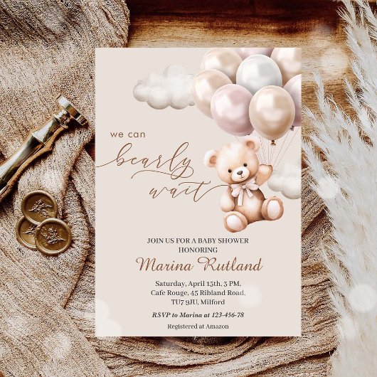 Invitation On Peut Attendre Teddy Bear Baby shower Neutre