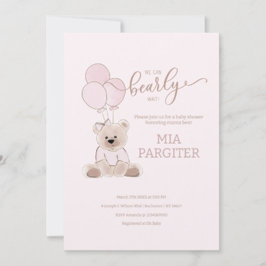 Invitation On Peut Attendre Teddy Bear Baby shower rose (Devant)