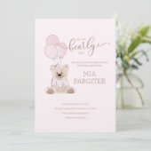 Invitation On Peut Attendre Teddy Bear Baby shower rose (Debout devant)