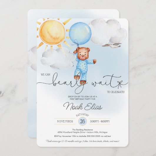 Invitation On peut attendre Teddy Bear Balloon 1er anniversai (Devant / Derrière)