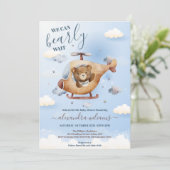Invitation On Peut Attendre Teddy Bear Blue Boy Baby shower (Debout devant)