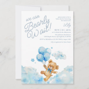 Invitation On Peut Attendre Teddy Bear Blue Boy Baby shower
