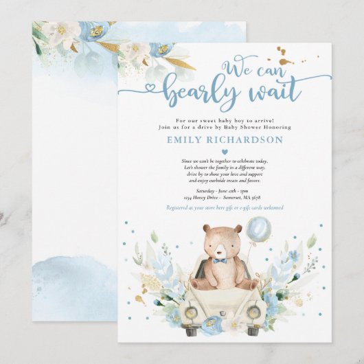 Invitation On Peut Attendre Teddy Bear Drive Par Baby shower (Devant / Derrière)