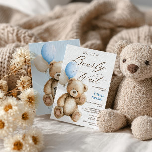 Invitation On peut attendre Teddy Bear QR Boy Baby shower