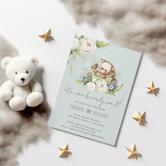 Invitation On Peut Attendre Teddy Bear Sage Baby shower