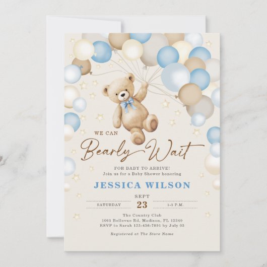 Invitation On Peut Attendre Teddy Ours Bébé Garçon Douche (Devant)