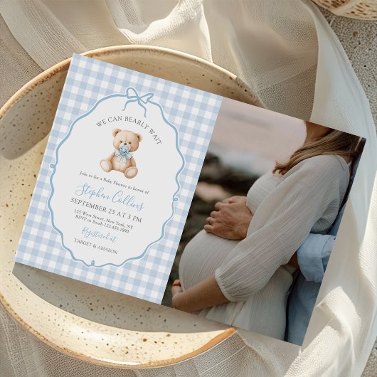 Invitation On peut attendre tôt Teddy Bear Baby shower Photo