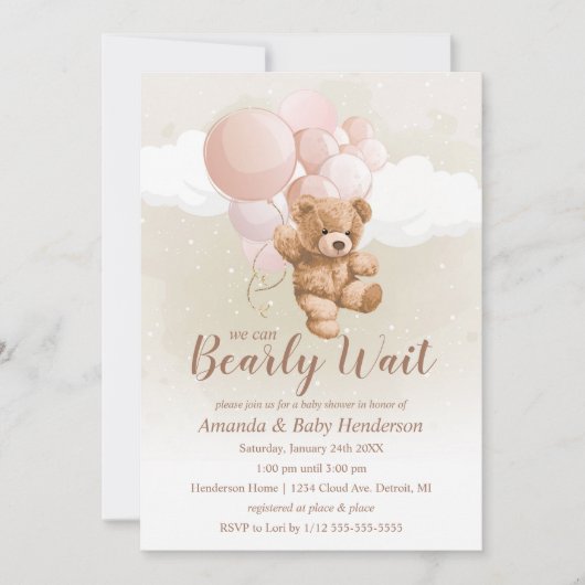 Invitation On peut attendre tôt Teddy Bear Baby shower rose (Devant)