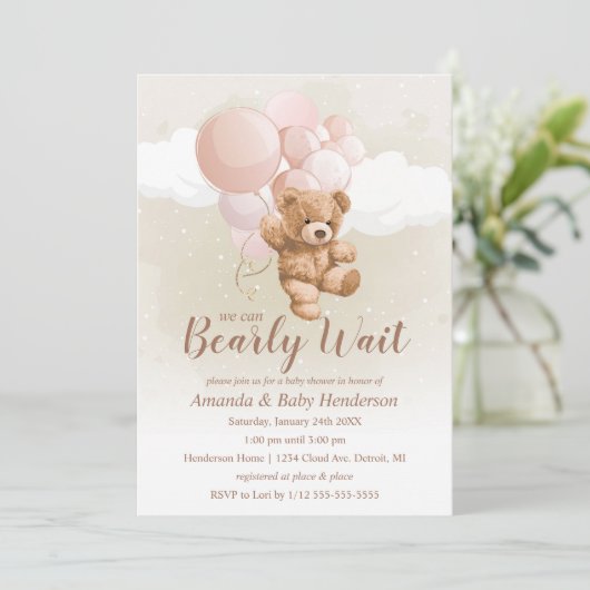 Invitation On peut attendre tôt Teddy Bear Baby shower rose (Debout devant)