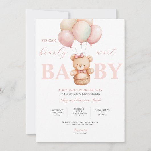Invitation On peut attendre tôt Teddy Bear Baby shower rose (Devant)