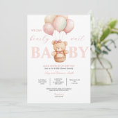 Invitation On peut attendre tôt Teddy Bear Baby shower rose (Debout devant)