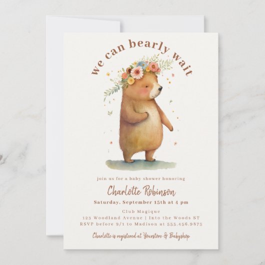 Invitation On peut attendre un Baby shower d'ours mignon (Devant)