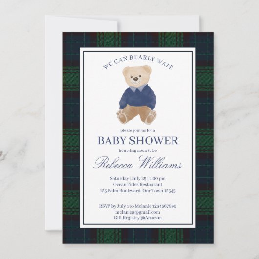 Invitation On peut attendre un baby shower plaid classique (Devant)