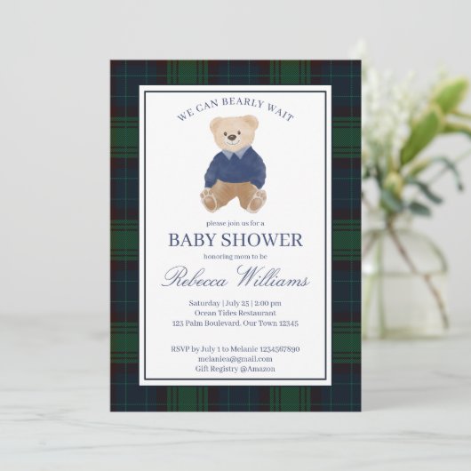 Invitation On peut attendre un baby shower plaid classique (Debout devant)