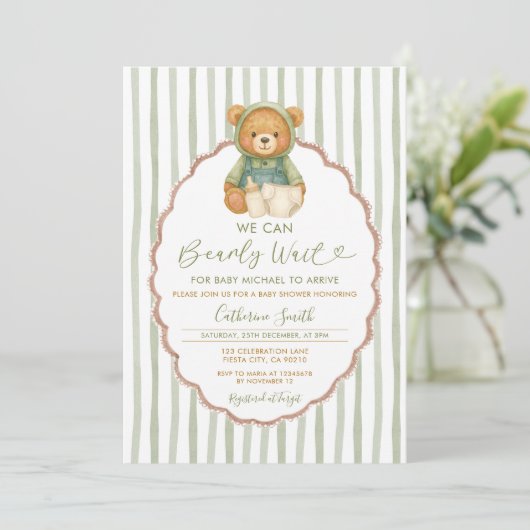 Invitation On peut Bearly attendre ours baby shower rayures v (Debout devant)