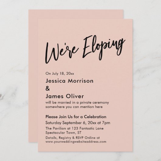 Invitation On s'enfuit Minimal Handwriting Rose Pâle (Devant / Derrière)