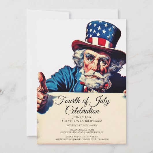 Invitation Oncle Sam Et Simple Quart De Juillet Célébration (Devant)