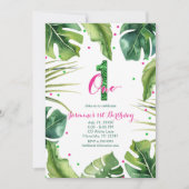 Invitation ONE 1 1er anniversaire Feuilles tropicaux rose ver (Devant)
