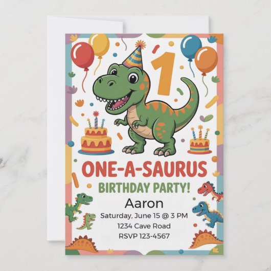 Invitation One-A-Saurus 1er Anniversaire | Dinosaure Vert (Devant)
