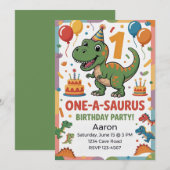 Invitation One-A-Saurus 1er Anniversaire | Dinosaure Vert (Devant / Derrière)