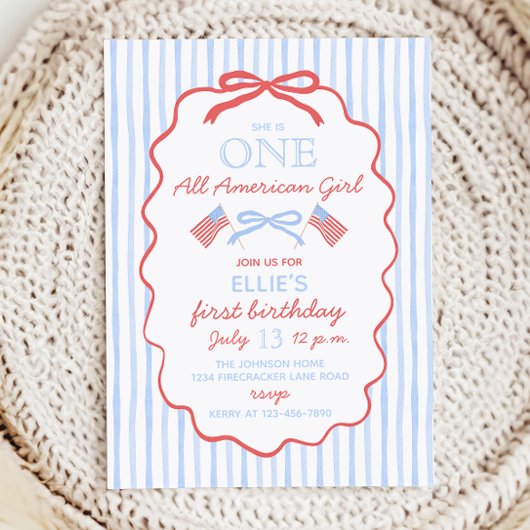 Invitation One All American Girl 4th of July 1st Birthday