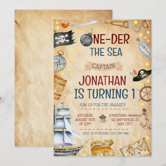 Invitation One der The Sea Pirate Ship 1er Anniversaire (Devant / Derrière)
