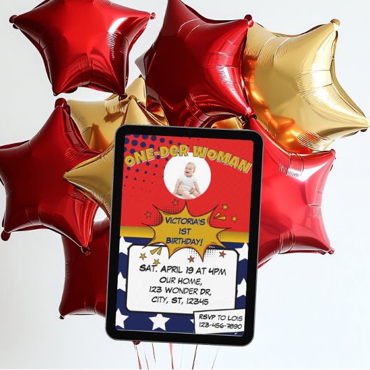 Invitation One-Der Woman, Superhero 1st Birthday