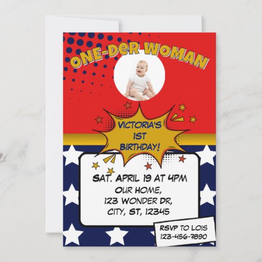 Invitation One-Der Woman, Superhero 1st Birthday  (Devant)