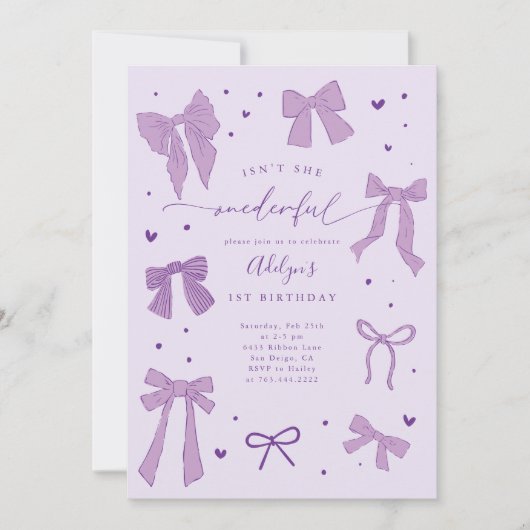 Invitation ONE derful Coquette Bow violet fête d'anniversaire (Devant)