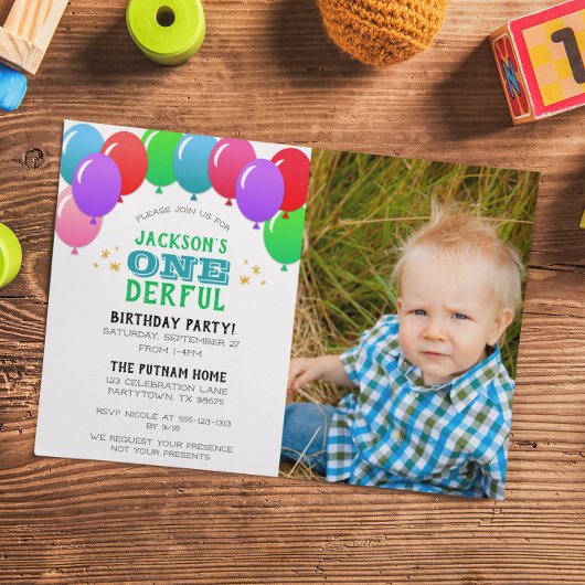 Invitation ONE derful First Birthday Balloon Green Photo
