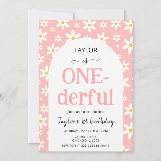 Invitation ONE-derful Pink Daisy 1st Birthday (Devant)