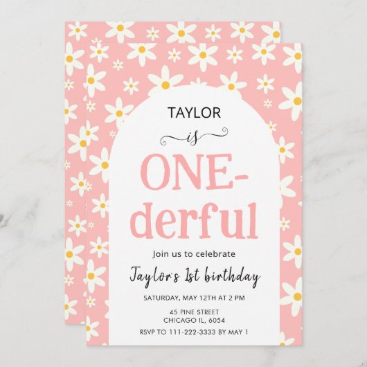 Invitation ONE-derful Pink Daisy 1st Birthday (Devant / Derrière)