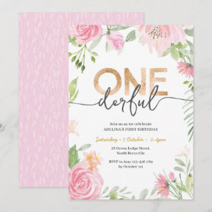 Invitation ONE derful Pink Flowers 1er anniversaire Invitatio
