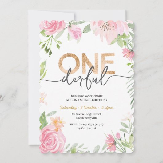 Invitation ONE derful Rose et or premier anniversaire Invitat (Devant)