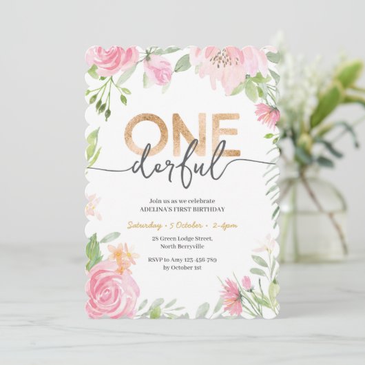 Invitation ONE derful Rose et or premier anniversaire Invitat (Debout devant)