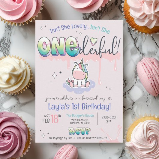Invitation ONE derful Unicorn Rainbow Rose fille 1er annivers